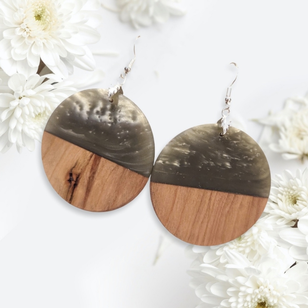 Stunning Handmade Wood and Resin Earrings in a Beautiful Smokey Gray Color